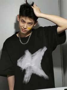 Trendy Cool Handsome Five-Pointed Star Print Short Sleeve T-Shirt Mens Summer Loose American High Street Pure Cotton Half Sleeve Boys Tops