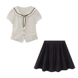 Navy Collar Slimming Plus Size Set Shirt and Skirt