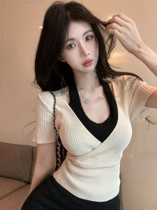 GUZILIAN | Korean Style Color Block Neck Hanging Knitted Top Womens Short Fashion Versatile Spring Summer Small Audience Design Sense
