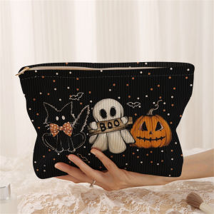 1 pumpkin and ghost patterned corduroy makeup bag lightweight zipper makeup storage box multifunctional bag with lining