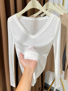 White Thin Knitted Long Sleeve V-Neck Base Shirt Womens Fashionable Inner Wear Autumn Winter New Style Low Neck Top Ladies