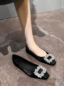 Low-Heel Square-Toe Flat Shoes for Women Commute Fairy Wind Diamond Evening Shoes Slip-On Spring Large Size Womens Shoes 41