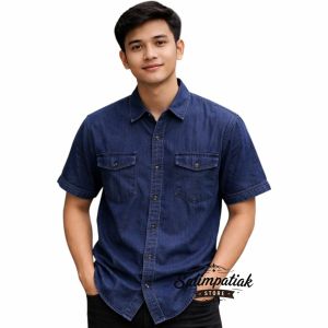 Kemeja denim pria lengan pendek dengan kantong di dada cocok untuk acara santai.