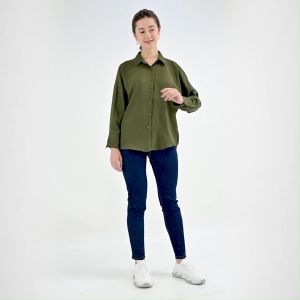 Novel Mice Signature – Olive Green Classic Oversize Shirt [Rayon Crincle]