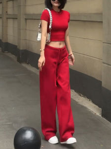 High Waist Loose Fit Red Sweatpants Womens Casual Straight Leg Floor-Length Trousers Autumn New Style Slimming Effect
