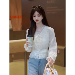 Unique Designer Lace Trimmed V-Neck Long Sleeve Shirt