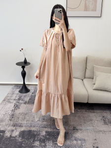 Loose Fit round Neckline Pure Color Summer New Style Womens Dress Fashionable Artistic Belted Casual A-Line Skirt N4520