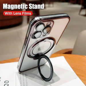 CrashStar With Lens Films 360° Rotatable MagSafe Stand Transparent Soft Plating Phone Case For iPhone 17 16 15 14 Pro Max Air Plus 16e 13 12 11 Pro Max XS XR X 8 7 Plus Wireless Charging Phone Casing Clear Cover With Full Cover Lens Camera Protection