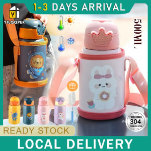YILQQPER 【1-3 Day Delivery】500ml Childrens Thermos Bottle With Straw And Cup Cover Portable Insulated Vacuum Thermos Tumbler Vacuum Cup Cartoon Leakproof Water Bottle