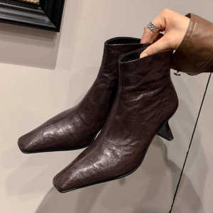 CAIZINI | Wrinkled Square Toe Skinny Stiletto Heel Leather Ankle Boots