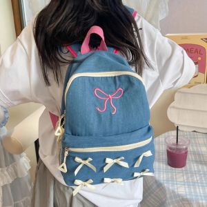 กระเป๋าเป้สะพายหลังผู้หญิงแบบลำลองความจุขนาดใหญ่ กระเป๋าเป้สะพายหลังสำหรับเด็กนักเรียน กระเป๋าเดินทางแบบลำลอง กระเป๋าหนังสือผู้หญิง กระเป๋าสะพายไหล่แบบผูกโบว์ลายผีเสื้อสไตล์เกาหลี