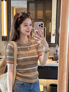 PAIBOLI | Retro Stripe Round Neck Short Sleeve Knit T-Shirt for Plus Size Women Slimming