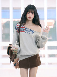 Weekend hub | American Retro Print Slanted Shoulder Sweater Long Sleeve