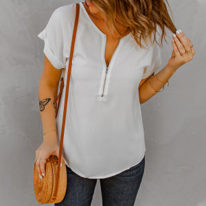 Summer Thin White Short Sleeve V-Neck Zipper Casual Versatile Womens Shirt European Style Half Zipper Short Sleeve Street Style
