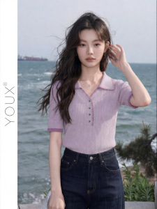 YOUXIANG | Áo Thun Polo Tím Tay Ngắn Giảm Cân