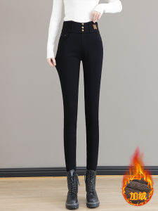 High-Waist Fleece-Lined Thickened Womens Leggings Elastic Slim Fit Black Pants Casual Wear Nine-Piece Length Polyester Blend