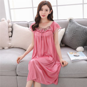 ผ้าไหม ผ้าน้ําแข็ง หลวม ฤดูร้อน นอน เดรส แขนสั้นบาง เซ็กซี่ ชุดราตรีสตรี พลัสไซส์ ผู้หญิง สวมใส่ในบ้าน ใส่สบาย ชุดนอน