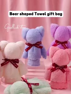 Goodluck Bear Shaped Face Towel Cute Business Holiday Gifts Bear Hand Towel with Bag for Wedding Birthday Gift