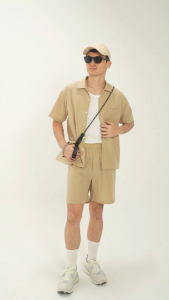 K/WOODS Ice Cool Short Sleeve Camp Shirt KW8267MCS | Khaki & Midnight Blue