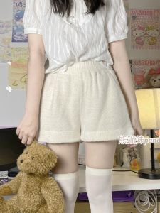 Panda Sister นุ่ม เด็กผู้หญิง Water Rabbit Velvet หลวม กางเกงลำลอง สูง เอว เสื้อแจ๊กเก็ตตัดบูตสั้นขาตรง ฤดูหนาว 2023