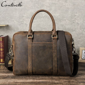 CONTACTS Genuine Leather Business Briefcase Men Large Capacity Vintage Crossbody Bag fit 13.3 inch Laptop Office Travel Business Bags