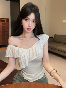 GUZILIAN | French Style Flirty Lace Ruffle Off Shoulder Short Sleeve T-Shirt
