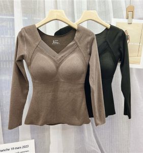 Heating Graphene Long Sleeve Thermal Base Shirt Womens V-neck One-piece Cup Inner Wear Comfortable Polyester Fiber T-shirt