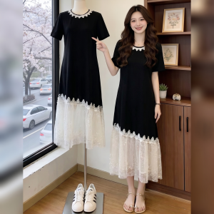 AIYITI | Mesh Black Short Sleeve Large Size Midi Dress
