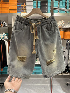 กางเกงขาสั้นผ้ายีนส์ขาดๆ สไตล์ย้อนยุคสไตล์อเมริกันสำหรับผู้ชาย ทรงหลวม ทรงตรง ทรงลำลอง ทรงห้าส่วน กางเกงขาสั้นผ้าเดนิม