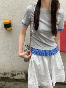 ฤดูร้อน ลายสก็อต งานเย็บปะติดปะต่อ ลำลอง หวาน และเสื้อเชิ้ตแขนสั้นสไตล์เผ็ด ผู้หญิง สลิมฟิต เสื้อยืด Upper Body High-end Feeling