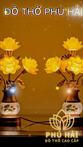 Đèn Thờ 5 Bông Hoa Sen Lưu Ly Bình Thủy Tinh Vẽ Sen Cao Cấp - Cao 42 Cm - HCM Hỏa Tốc Tặng Led