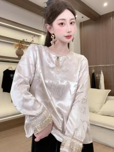 New Chinese Style Spring Autumn Heavy Embroidery Pattern Decorative Dark Texture Embroidered Fabric Elegance National Style Womens Shirt