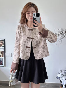 New Chinese Style Floral Print Short Loose Womens Jacket round Neck Button up Top Fashion Outerwear for Autumn 2025