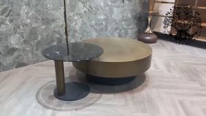 Bàn trà sofa bàn phòng khách bàn cafe nội thất nhập khẩu mẫu bàn đôi mặt tròn phủ inox mạ đồng thau phay xước