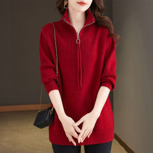 Plus Size Mid Length Long Length Woolen Sweater Womens Fall and Winter Plus Size Ladies Half Zipper Sweater Loose Easiest for Match Knitting Bottoming Shirt