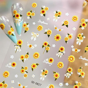 1Pcs 5D Embossed Sunflower Bow Nail Art Sticker Yellow White Daisy Floral Self-Adhesive Nails Decals Spring Summer Flowers Decor