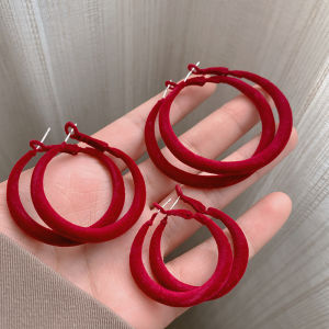 Red Vintage Flocked Earrings Women High-End Versatile Elegant New 2024 Fashion Jewelry Ear Cuff Accessory Pair Fresh out