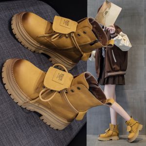 Vibrant Shine Martin Boots Womens British Style Leather Surface Thick Bottom Short Boots Large Yellow Boots