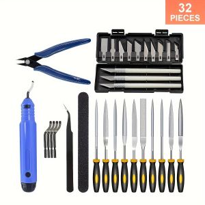 32-Piece 3D Print Tool Kit - Comprehensive Set for Deburbing Cleaning Finishing and Printing - Uncharged Multi-Functional Ac