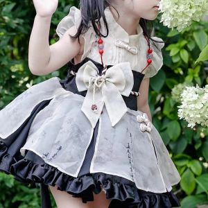 New Chinese Style Mother Daughter Hanfu Dress Childrens Summer Clothing Ink Brush Calligraphy Lolita Girls Traditional Costume