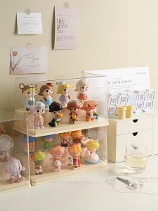 Transparent Blind Box Figure Display Storage Box with Light Cream Style Dustproof Doll Toy Cabinet Home Decor