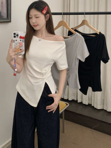 Asymmetrical Short Sleeve T-Shirt Womens Summer Design Pure Desire Short Shoulder One-Shoulder Top Beautiful Korean Style French Style
