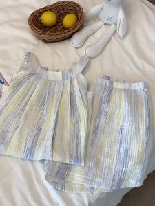 Bộ đồ ngủ ngắn cổ yếm cho phụ nữ mùa hè nổi tiếng trên mạng Hàn Quốc 2025 Đồ mặc trong nhà mới cho cô gái ngọt ngào và thuần khiết