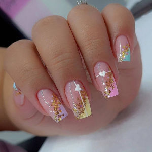 Medium fake nail for women girls Y2K Pink green yellow black Square tips with cute heart for Valentines Day press on false nail