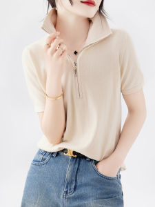 Fashionable Knitted Pure Cotton Polo T-Shirt Womens Summer New Style Half Zip Short Sleeve Loose Base Shirt Korean Style Commute