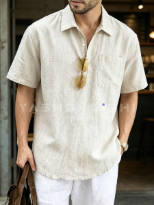 YASHENQISHI | Retro Style Linen Tencel Polo Shirt Short Sleeve Collar Relaxed Fit