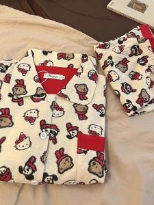 ชุดนอน Hellokitty ผ้าฝ้ายแท้ แขนสั้น ทรงหลวม สำหรับเด็กผู้หญิง ชุดนอนฤดูร้อน กระโปรงสั้น ผูกเชือก ชุดอยู่บ้าน วันหยุด