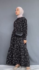 Ghanimi - Nadira Dress / Gaun Motif Bunga Fit Flowy Gamis Panjang Wanita Kancing Kerah Muslim Katun Lembut