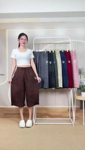 กางเกงผู้หญิง ขายาว 7 ส่วน ดีเทลปักตัวอักษร มีกระเป๋า เชือกผูกปรับขนาดเอวได้ ผ้าไหมเทียม phs762#