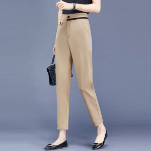 Business Casual Straight Leg Suit Pants Womens High Waist Nine Points Nylon Spandex Polyester Blend Black Professional Trousers
